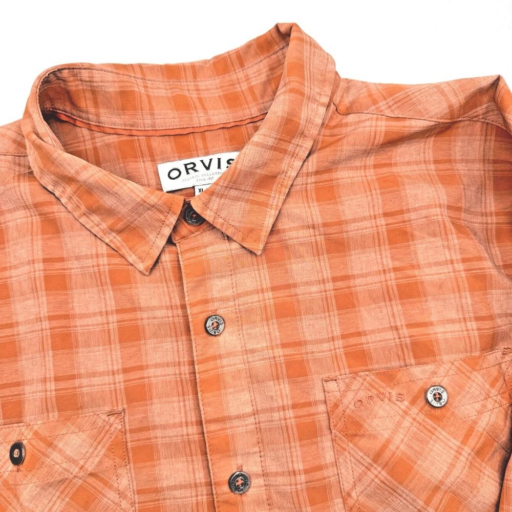 Orvis Button Down Shirt Men XL Orange Plaid Short Sleeve Outdoor Classic Pocket